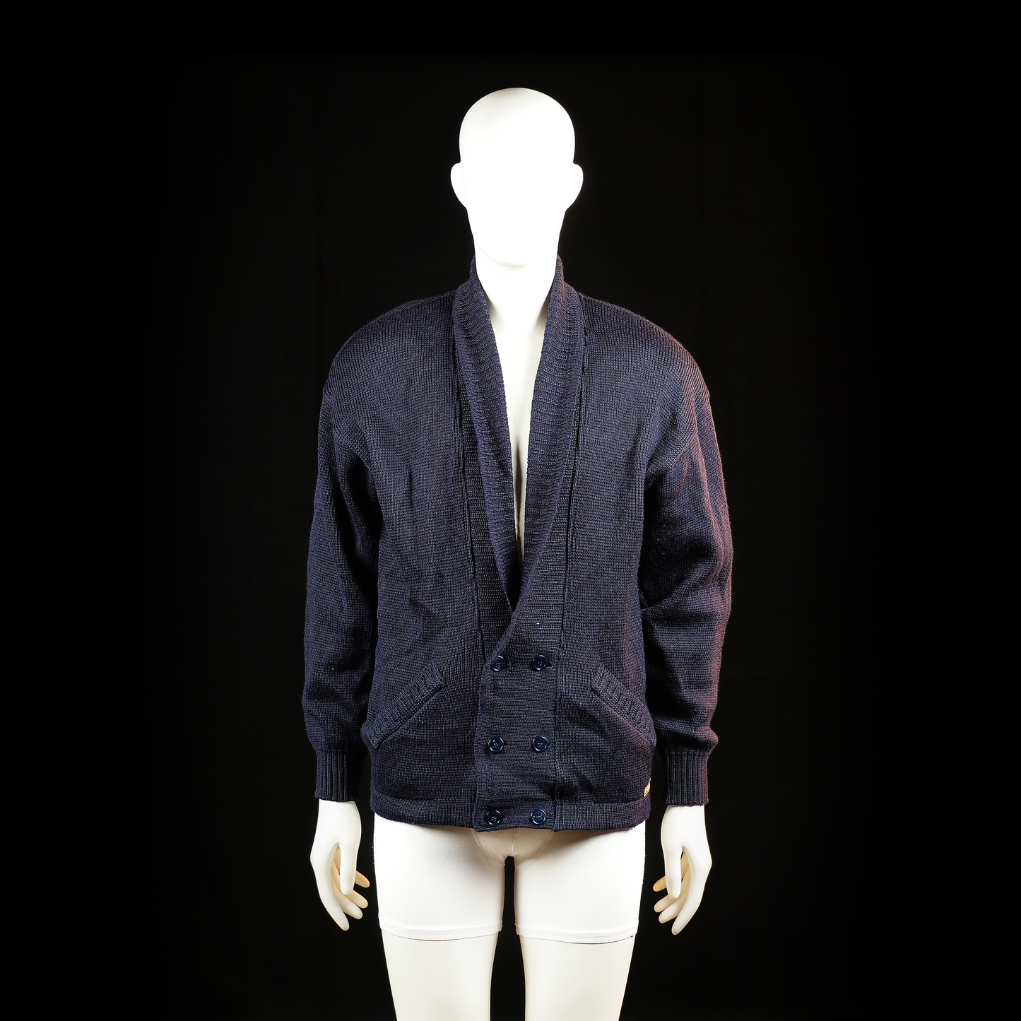 Cappio - Jacket_other - Navy - Size L - Knit buttoned jacket with a deep shawl collar, ribbed cuffs and hem, and double-breasted front closure. Features two front pockets with diagonal openings.