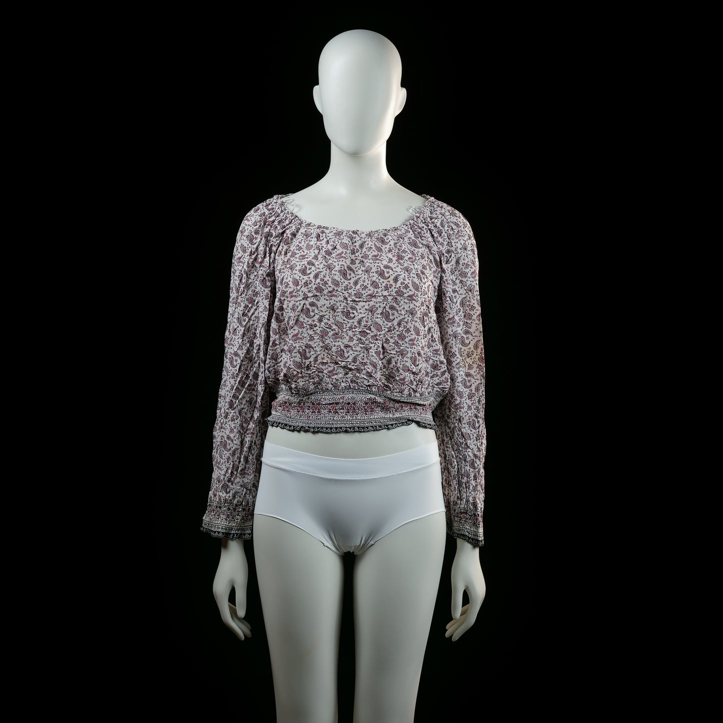 H&M - Blouse - White & Burgundy - Size 34 - Long-sleeve blouse with a paisley pattern and an elastic smocked waistband and cuffs. Features a wide scoop neckline and slightly billowed sleeves.