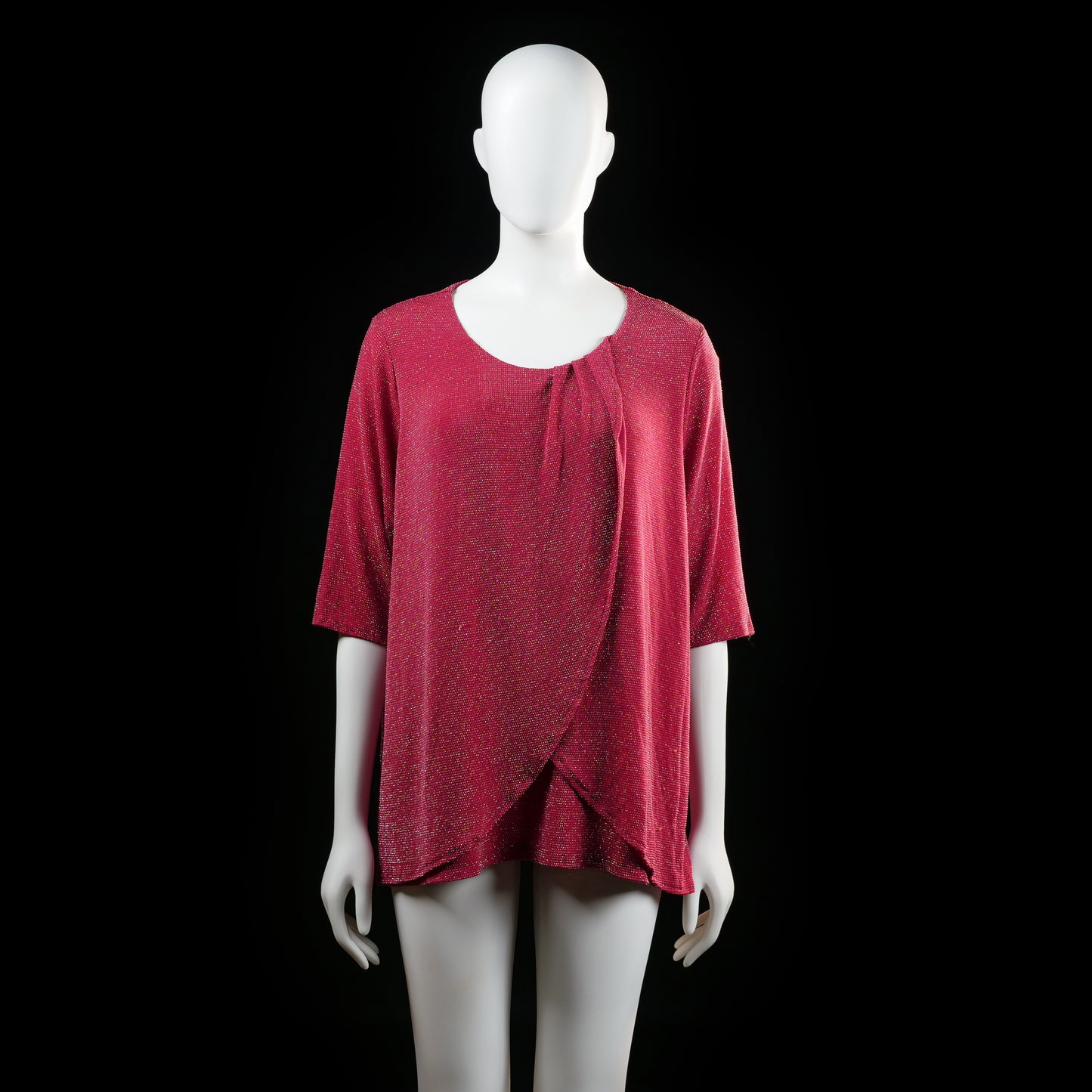 Isolde - Blouse - Red - Size XL - Loose-fitting top with a rounded neckline and overlapping front drape detail. Features elbow-length sleeves and a subtle sparkling textured pattern.