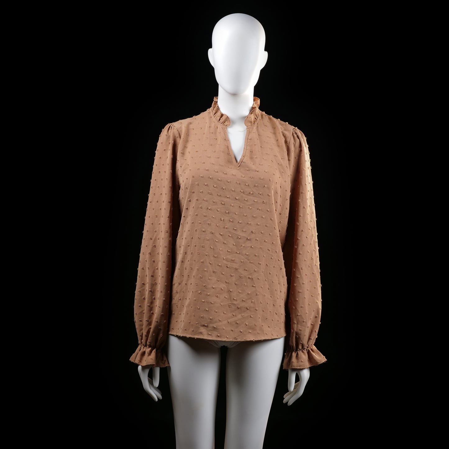 Shein - Blouse - Camel - Size L - Long-sleeve blouse with a textured dotted pattern, a ruffled split neckline, and elasticized cuffs with ruffle trim. Relaxed fit with a straight hemline.