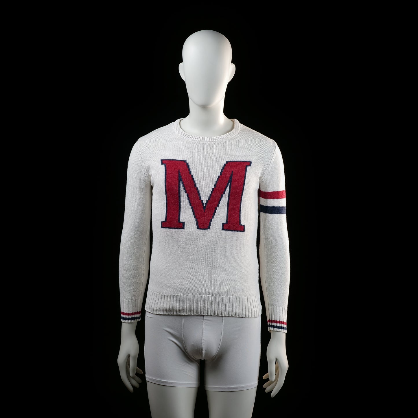 Marine - Sweater - White & Red & Navy - Size S - White knit sweater with a large red "M" on the chest and ribbed hem and cuffs. Features red and navy stripes on the left sleeve and matching striped cuffs.