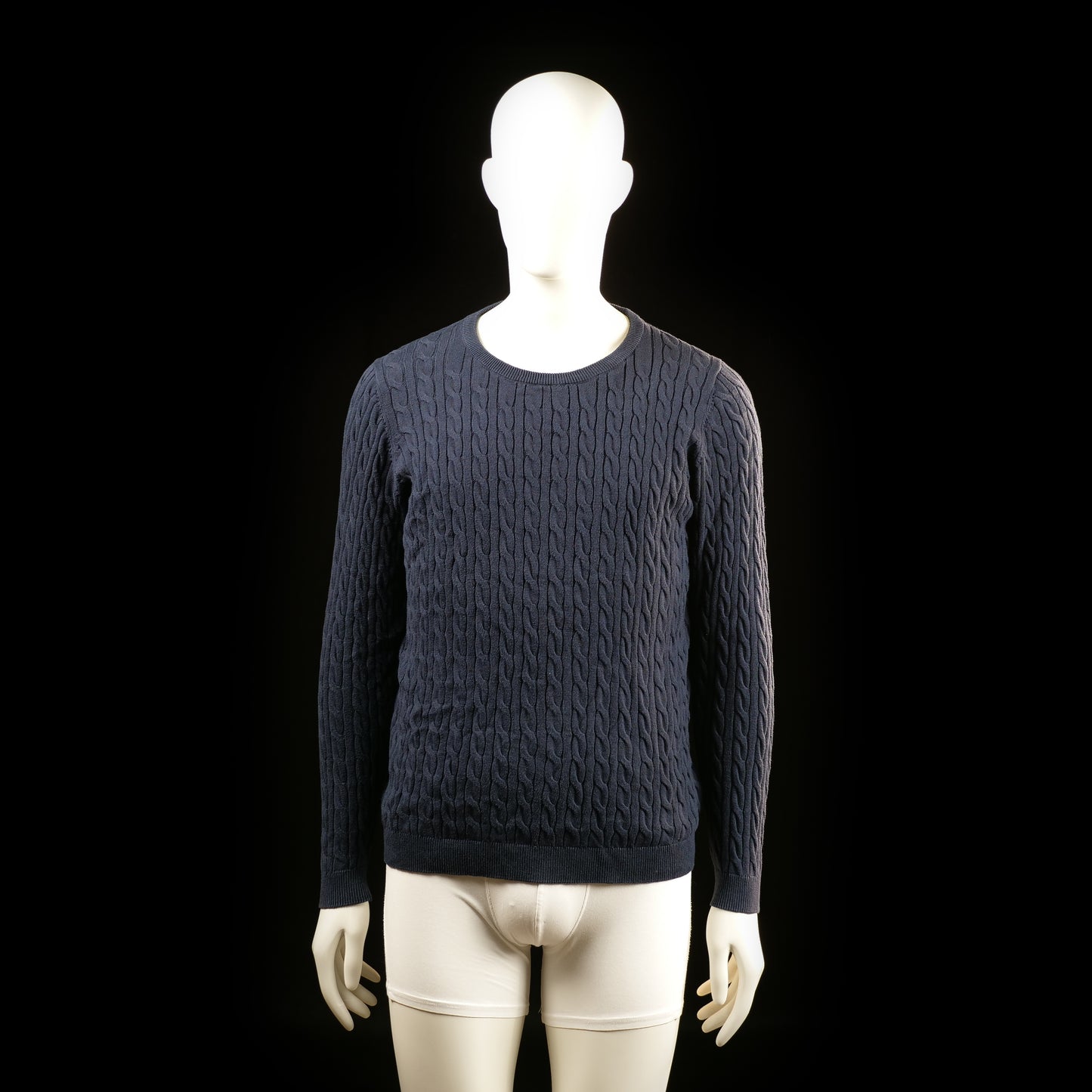 Basic You - Sweater - Navy - Size L - Dark navy blue cable knit sweater with a round neckline and ribbed cuffs and hem. The textured cable pattern covers the entire front, back, and sleeves.