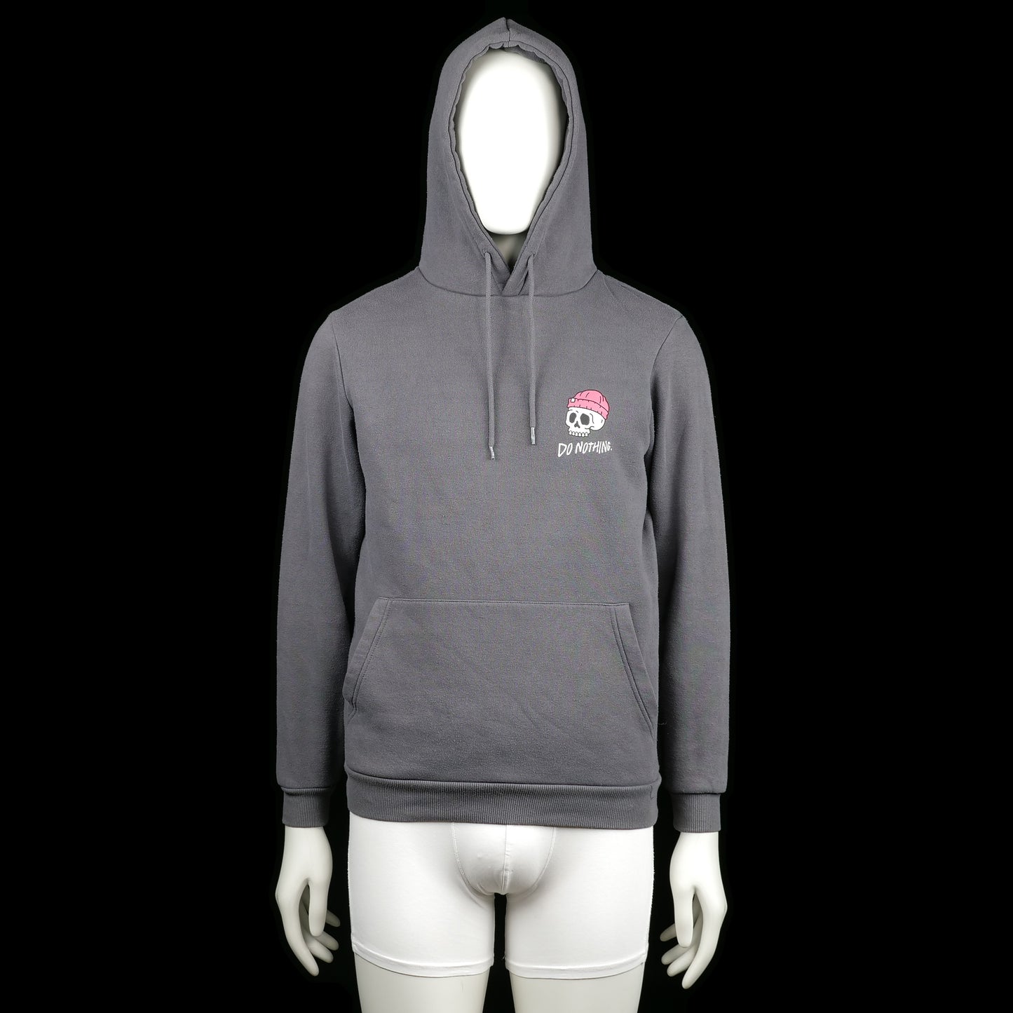 FSBN - Hoodie - Charcoal - Size XS - Charcoal hoodie with a kangaroo pocket and a printed skull graphic in pink and white on the left chest, featuring the text "DO NOTHING." It has ribbed cuffs and hem with a drawstring hood.