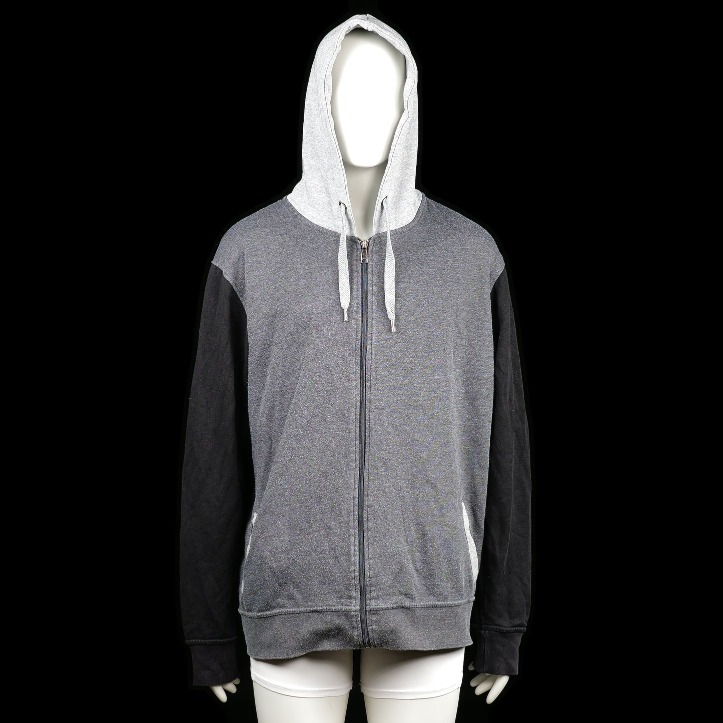 CYPRIME - Hoodie - Light Gray & Black - Size 4XL - Color-block hoodie with light gray hood and pockets, dark gray body, and black sleeves. Features a full front zipper and ribbed cuffs.