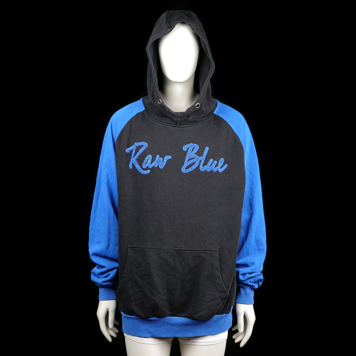 Raw Blue - Hoodie - Black & Royal Blue - Size 3XL - Black and blue hoodie with raglan sleeves and a front kangaroo pocket. Features large “Raw Blue” text print on the chest and smaller text print on the upper back.