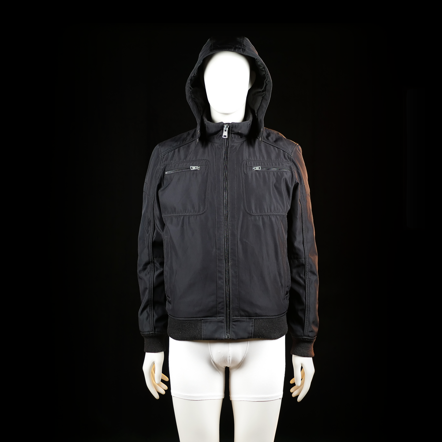 C&A Canda - Windbreaker - Black - Size S - Hooded zip-front jacket with ribbed cuffs and hem. Features two vertical chest zipper pockets and two slit side pockets.
