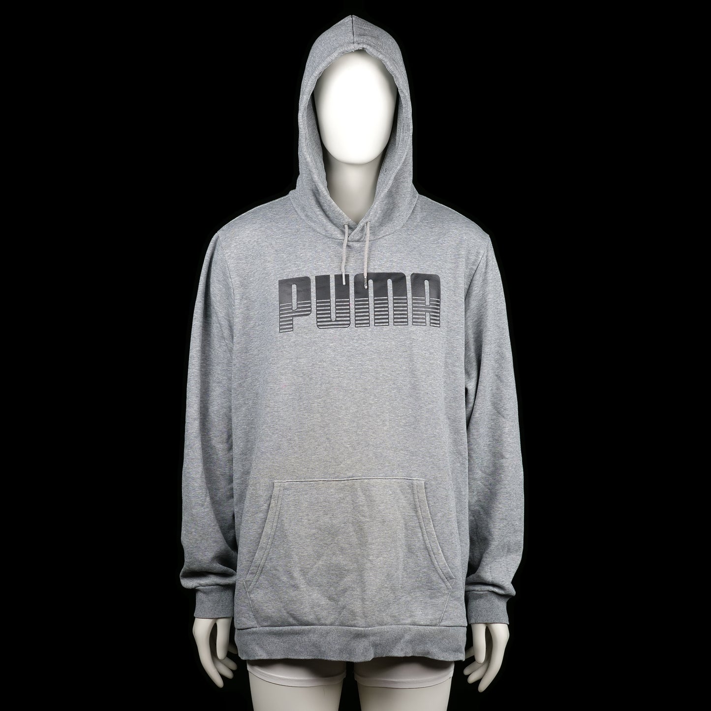 Puma - Hoodie - Light Gray - Size XXL - Light gray hoodie with a large black printed logo on the chest and a front kangaroo pocket. Features ribbed cuffs, a straight hem, and an adjustable drawstring hood.