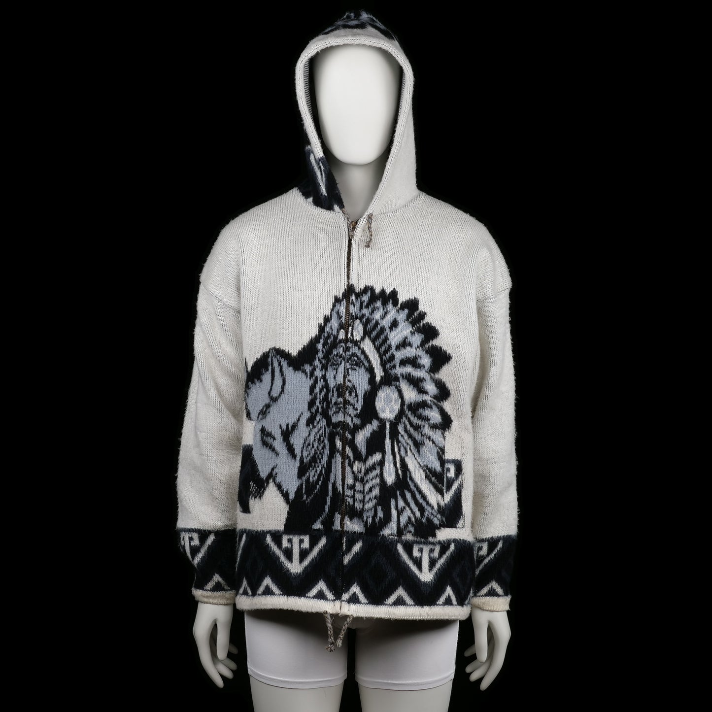 Genesis - Hoodie - Ivory & Black - Size L - Ivory zip-up hoodie featuring a large front-and-back graphic of a Native American figure and buffalo in dark tones, with black geometric border details on hem, cuffs, and hood. Drawstring detail at the hem and hood.