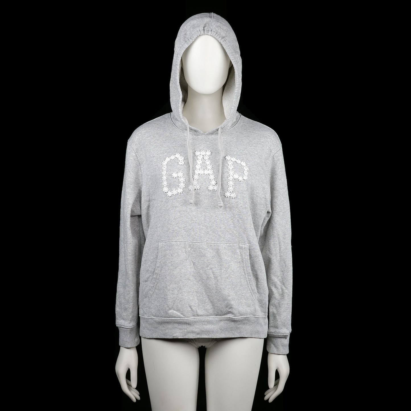 GAP - Hoodie - Light Gray - Size S - Light gray hoodie with ribbed cuffs and a straight hem. Features a floral-textured "GAP" print across the chest and a front kangaroo pocket.
