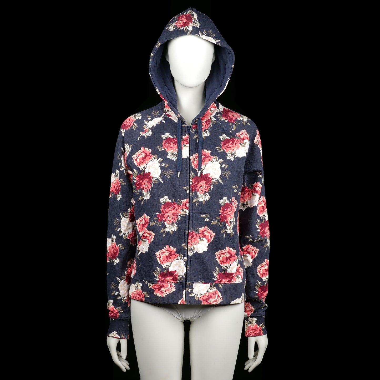 Cubus - Hoodie - Navy & Red - Size L - Zip-up hoodie with a navy base and an all-over red and white floral print. Features ribbed cuffs, a straight hem, and a drawstring hood.