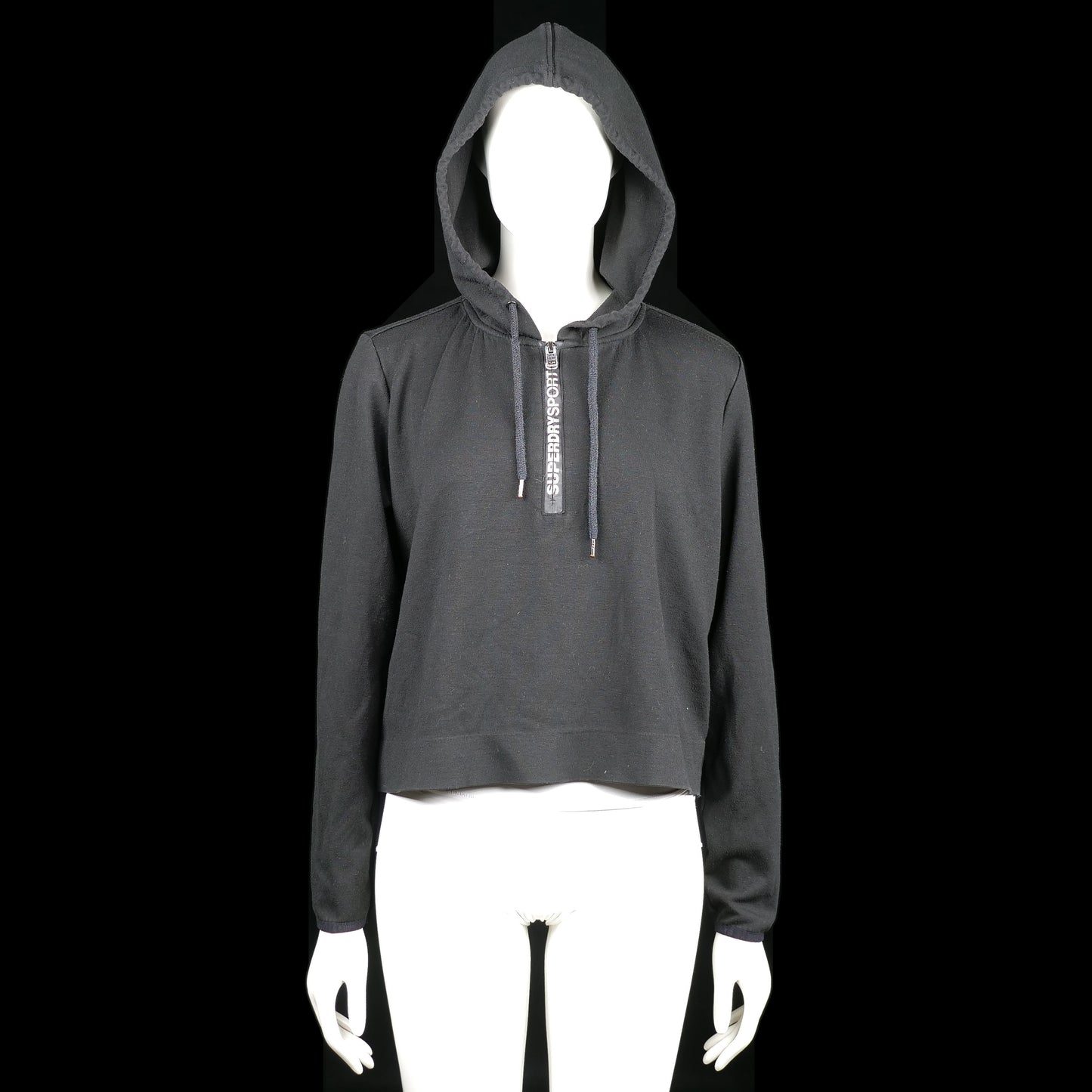 Superdry Sport - Hoodie - Black - Size L - Black hoodie with adjustable drawstrings and printed text on the hem and one of the strings. Features a cropped fit and a straight hem.