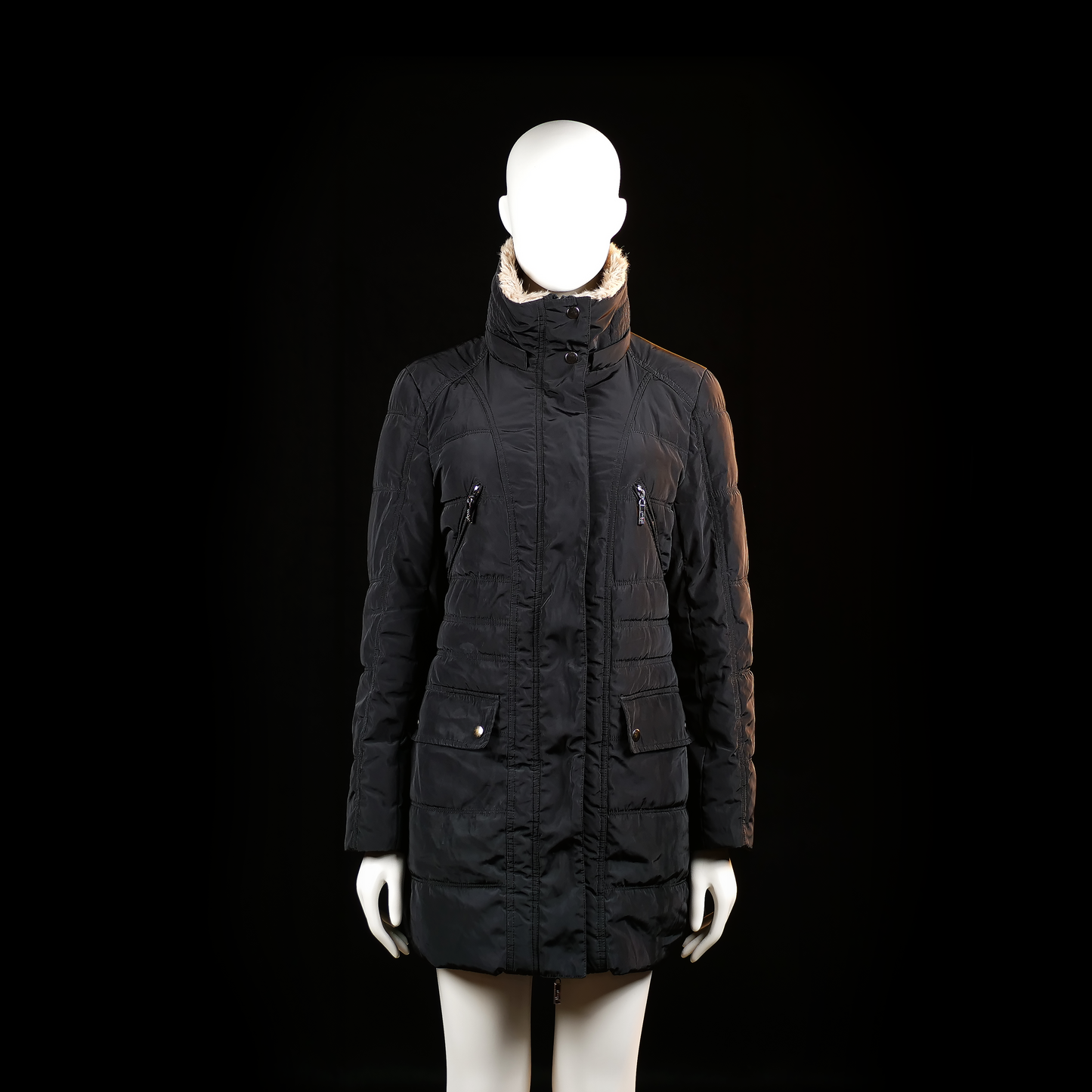Poolgirl - Parka - Black - Size M - Long padded coat with horizontal quilted stitching, high stand collar lined with faux fur, and multiple front zip and flap pockets. Features a front zipper with a snap-button placket for added wind protection.