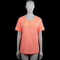 Zagani - T-shirt - Orange - Size M - Orange solid top with a round neck and short sleeves. Features a partial button placket and a chest pocket, with straight hem and plain cuffs.