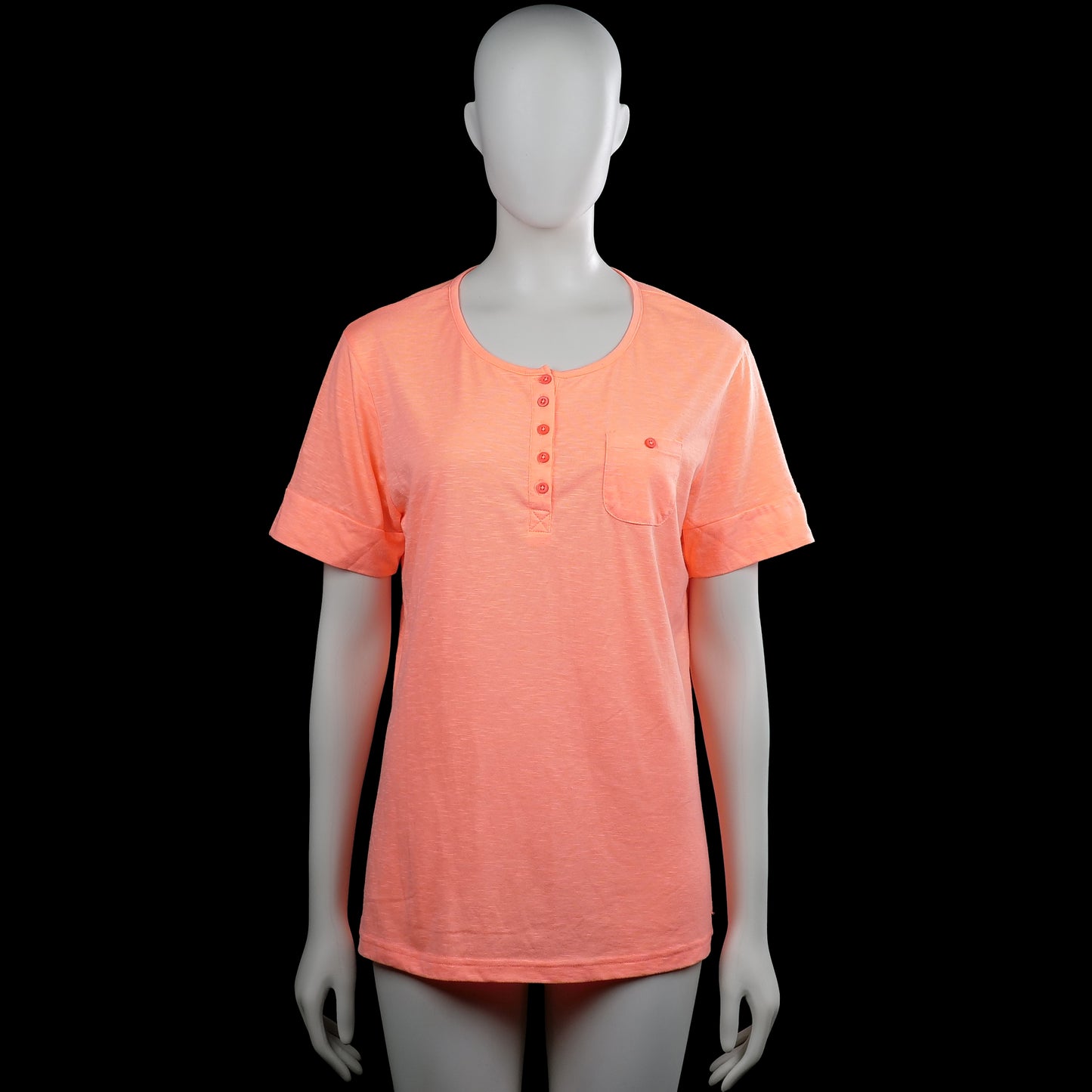 Zagani - T-shirt - Orange - Size M - Orange solid top with a round neck and short sleeves. Features a partial button placket and a chest pocket, with straight hem and plain cuffs.
