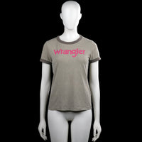 Wrangler - T-shirt - Gray & Dark Gray - Size S - Gray solid short-sleeve top with a round neck and darker rib trim at the neckline and sleeve cuffs. Features a pink text graphic on the front and a straight hem.