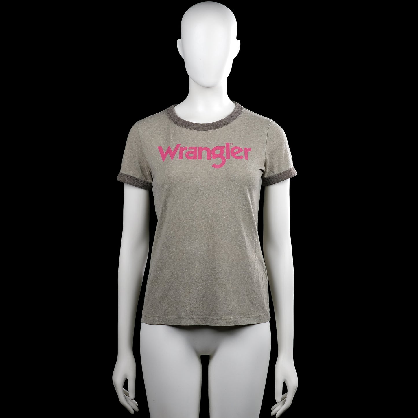 Wrangler - T-shirt - Gray & Dark Gray - Size S - Gray solid short-sleeve top with a round neck and darker rib trim at the neckline and sleeve cuffs. Features a pink text graphic on the front and a straight hem.