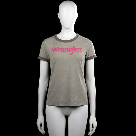 Wrangler - T-shirt - Gray & Dark Gray - Size S - Gray solid short-sleeve top with a round neck and darker rib trim at the neckline and sleeve cuffs. Features a pink text graphic on the front and a straight hem.
