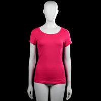 Hema - T-shirt - Pink & White - Size S - Pink short-sleeve top with a scoop neckline, straight hem, and plain cuffs. White text print is visible on the back.