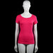 Hema - T-shirt - Pink & White - Size S - Pink short-sleeve top with a scoop neckline, straight hem, and plain cuffs. White text print is visible on the back.
