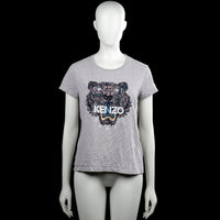Kenzo - T-shirt - Light Gray - Size S - (NEW) - Light gray short-sleeve T-shirt with a round neckline and straight hem. Features a large tiger graphic print on the front with text.