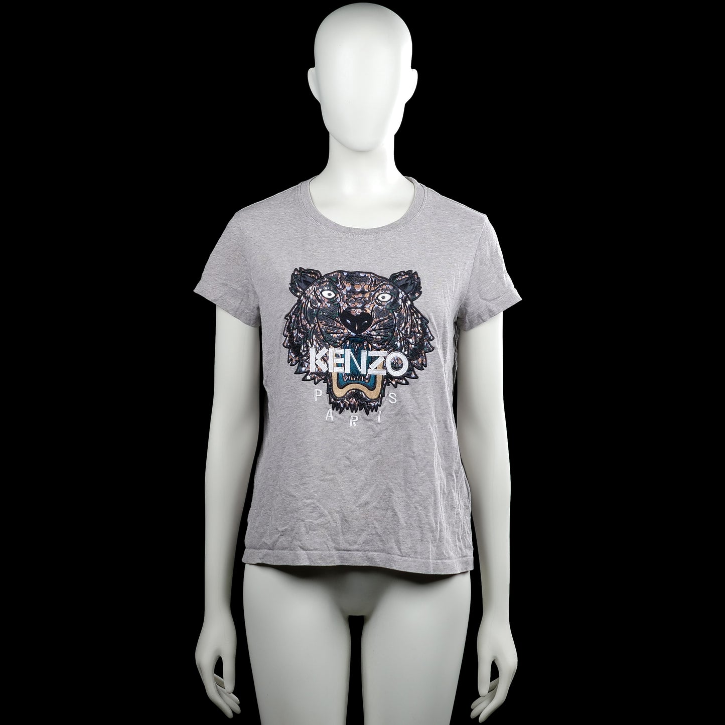 Kenzo - T-shirt - Light Gray - Size S - (NEW) - Light gray short-sleeve T-shirt with a round neckline and straight hem. Features a large tiger graphic print on the front with text.