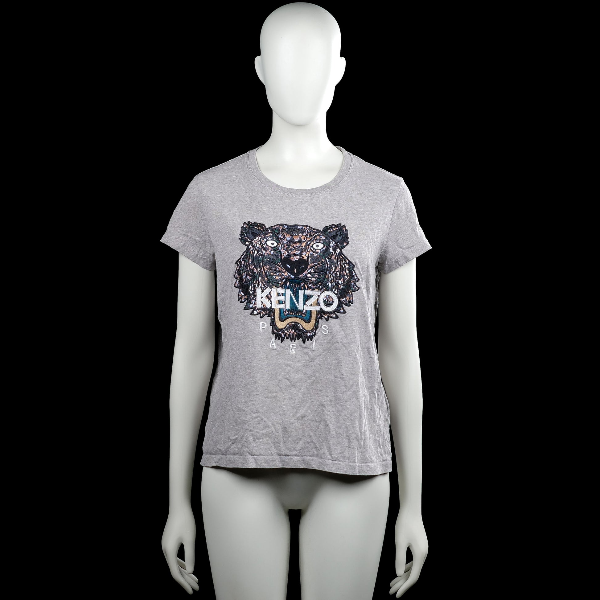 Kenzo - T-shirt - Light Gray - Size S - (NEW) - Light gray short-sleeve T-shirt with a round neckline and straight hem. Features a large tiger graphic print on the front with text.