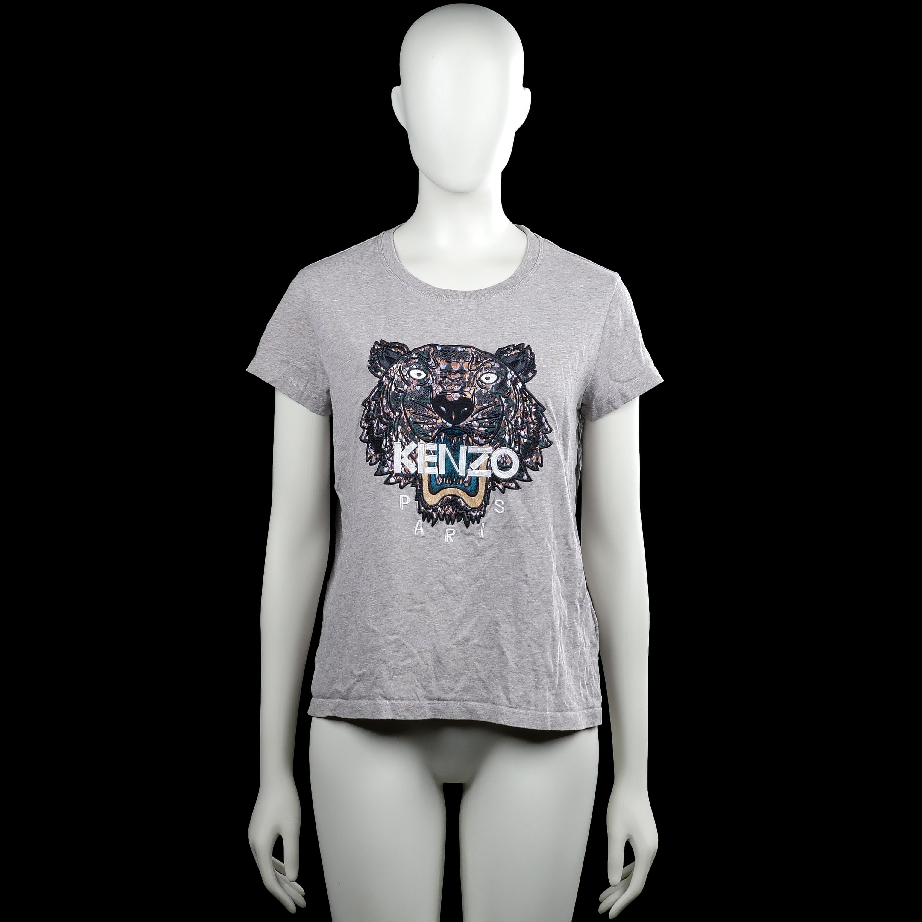 Kenzo - T-shirt - Light Gray - Size S - (NEW) - Light gray short-sleeve T-shirt with a round neckline and straight hem. Features a large tiger graphic print on the front with text.