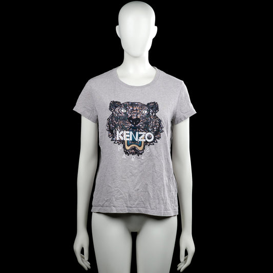 Kenzo - T-shirt - Light Gray - Size S - (NEW) - Light gray short-sleeve T-shirt with a round neckline and straight hem. Features a large tiger graphic print on the front with text.