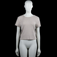 157 - T-shirt - Beige & White - Size XL - Beige and white horizontally striped top with a round neck and short sleeves. Straight hem with plain sleeve cuffs.