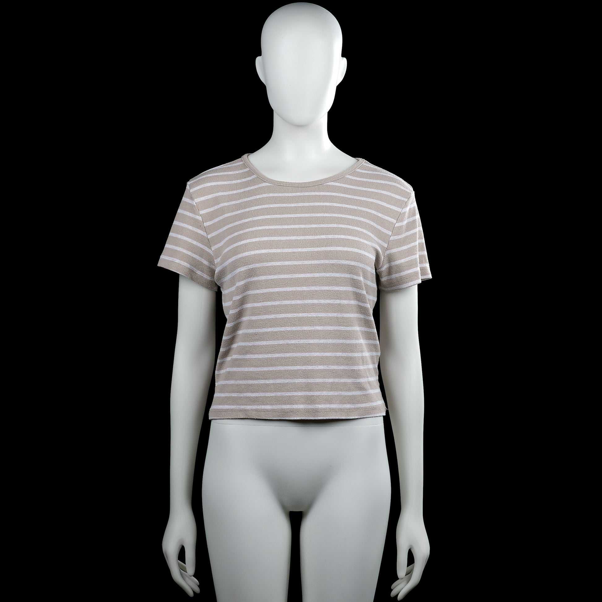157 - T-shirt - Beige & White - Size XL - Beige and white horizontally striped top with a round neck and short sleeves. Straight hem with plain sleeve cuffs.