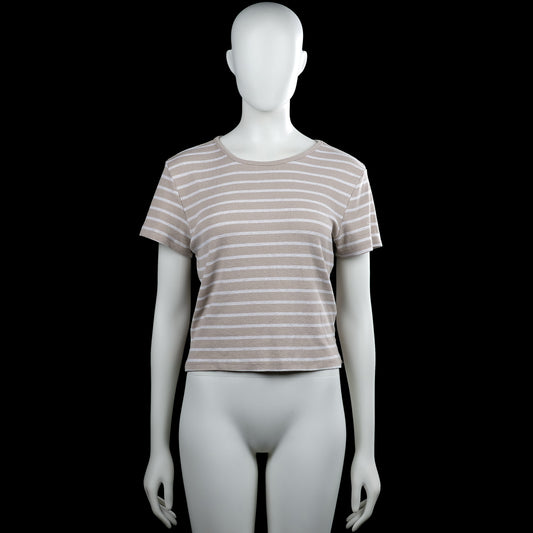 157 - T-shirt - Beige & White - Size XL - Beige and white horizontally striped top with a round neck and short sleeves. Straight hem with plain sleeve cuffs.