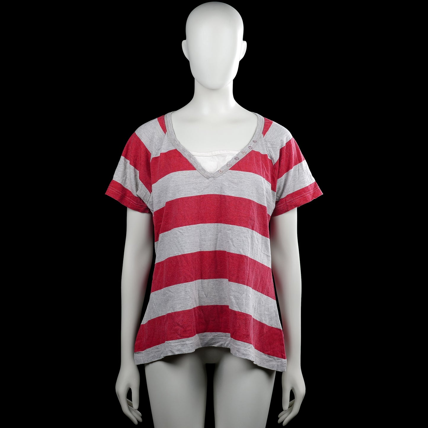 Dressed up - T-shirt - Red & Light Gray - Size XL - Red and light gray striped top with short sleeves and a V-neck featuring a partial button placket. Straight hem and plain sleeve cuffs.