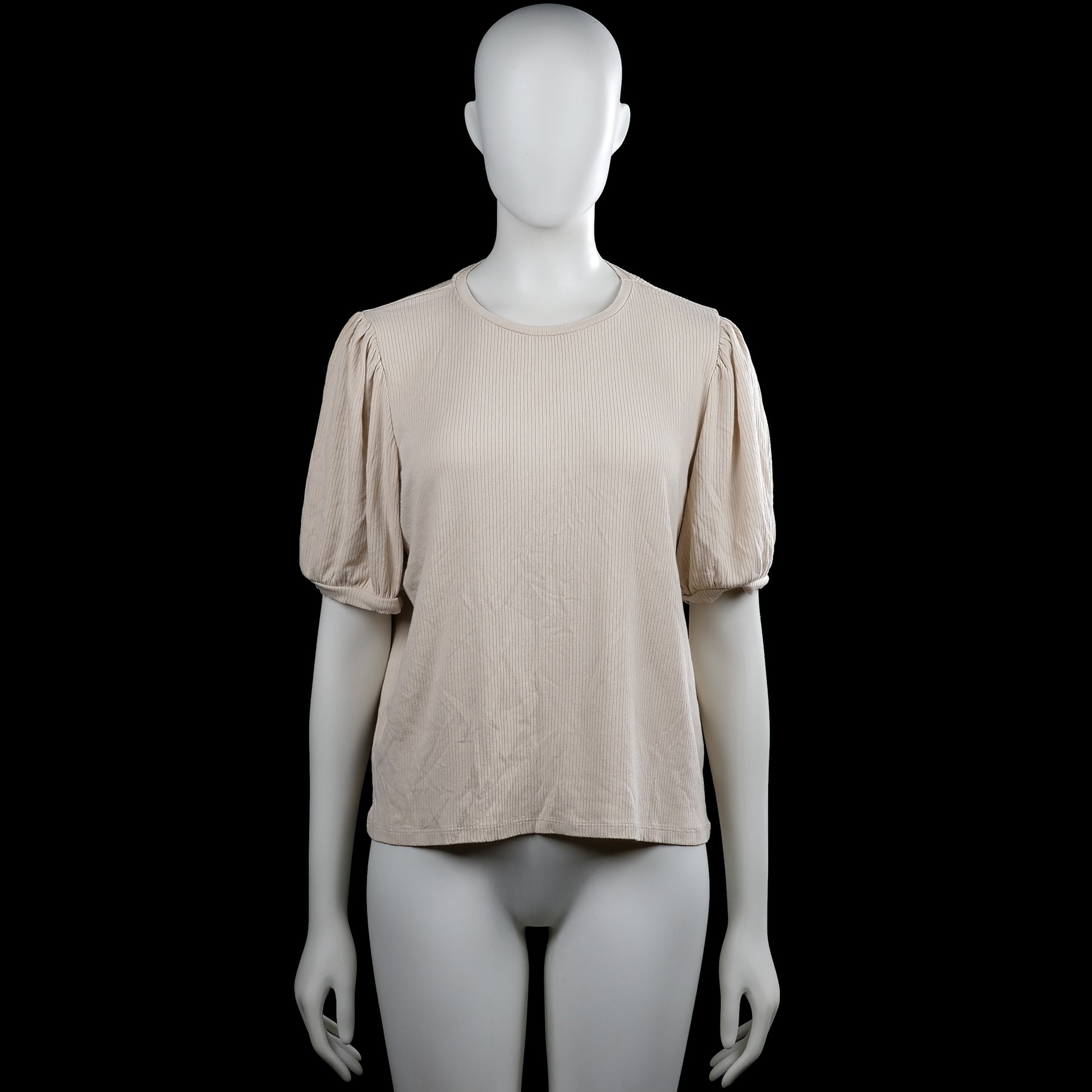 .Object - T-shirt - Beige - Size L - Beige ribbed top with a round neckline and short puff sleeves with elastic cuffs. Straight hem with no visible closures.