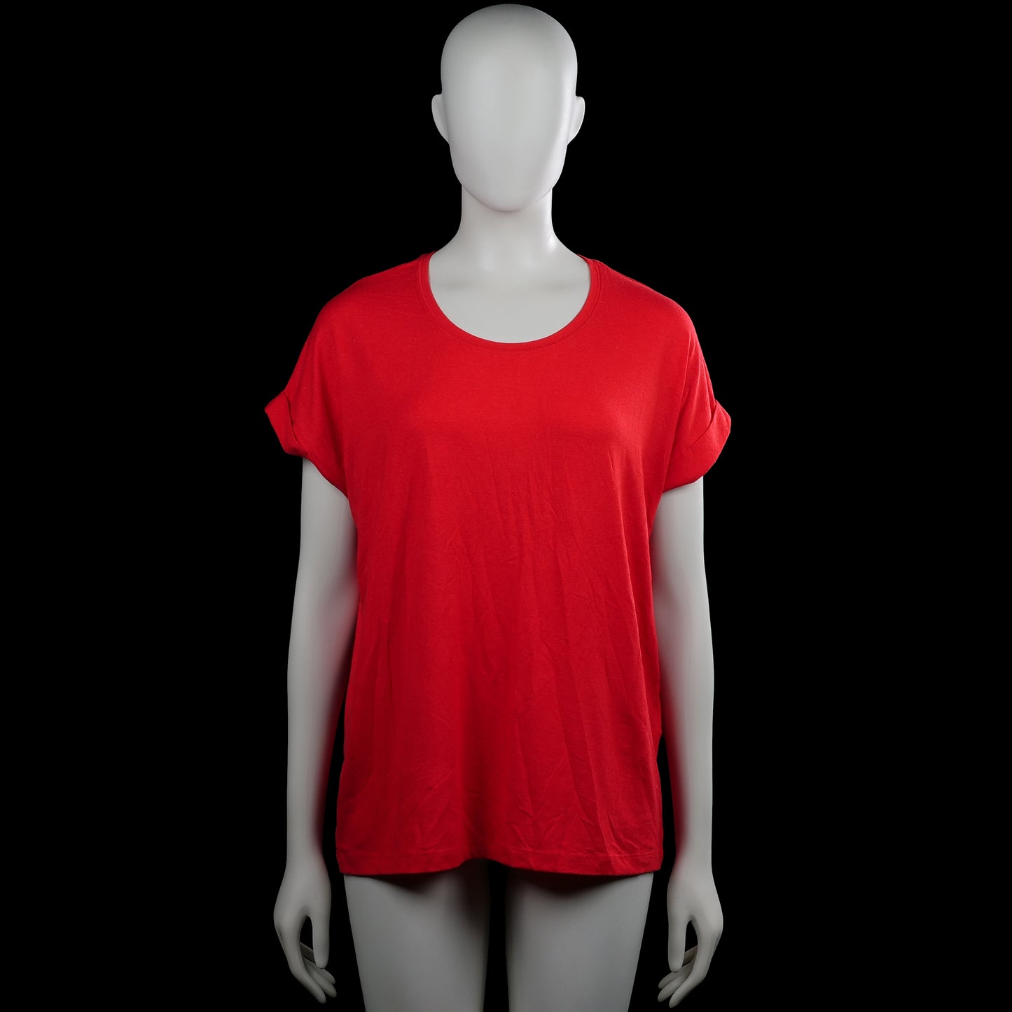 Only - T-shirt - Red - Size M - Red solid top with a round neckline and short sleeves with rolled cuffs. Straight hem with no visible closures.