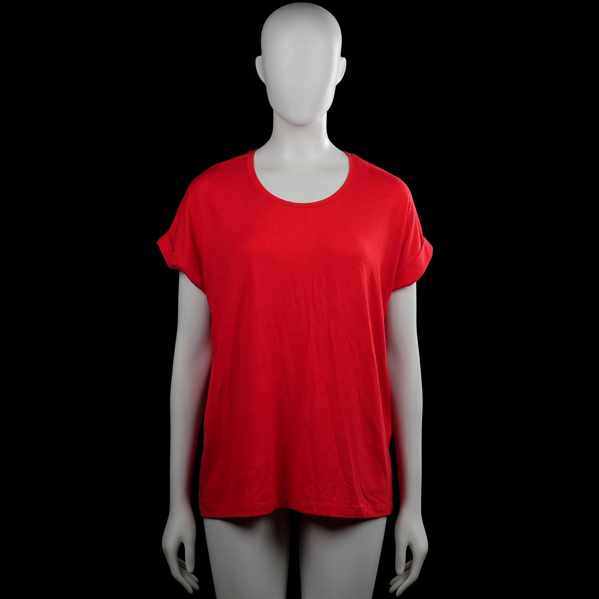 Only - T-shirt - Red - Size M - Red solid top with a round neckline and short sleeves with rolled cuffs. Straight hem with no visible closures.