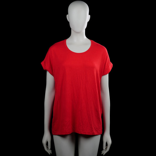 Only - T-shirt - Red - Size M - Red solid top with a round neckline and short sleeves with rolled cuffs. Straight hem with no visible closures.