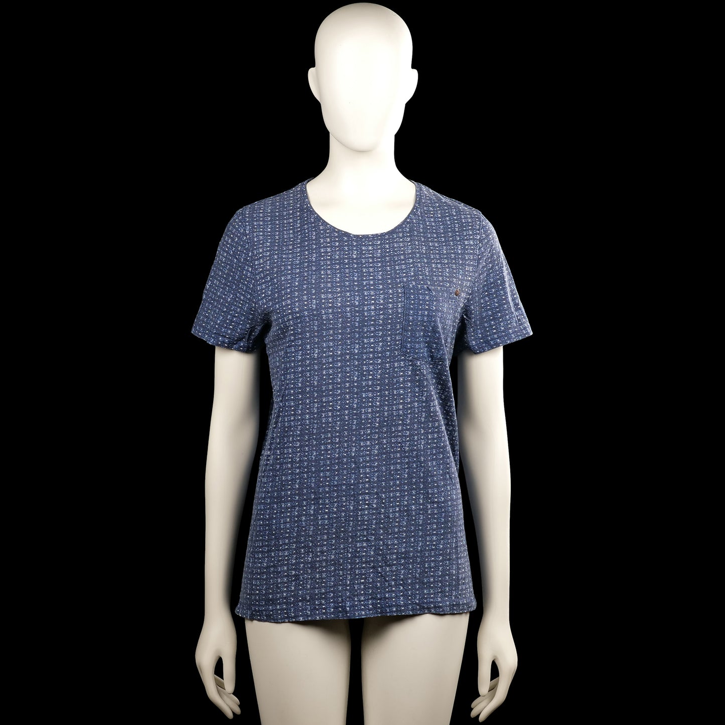 Blue ridge - T-shirt - Navy & White - Size M - Navy and white top with a round neck and short sleeves. Features an all-over small print pattern, a chest pocket with a small button, plain cuffs, and a straight hem.