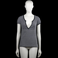 Bijenkorf - T-shirt - Black & Gray - Size M - Black and gray striped top with a deep V-neckline and short sleeves. Features plain sleeve cuffs and a straight hem.