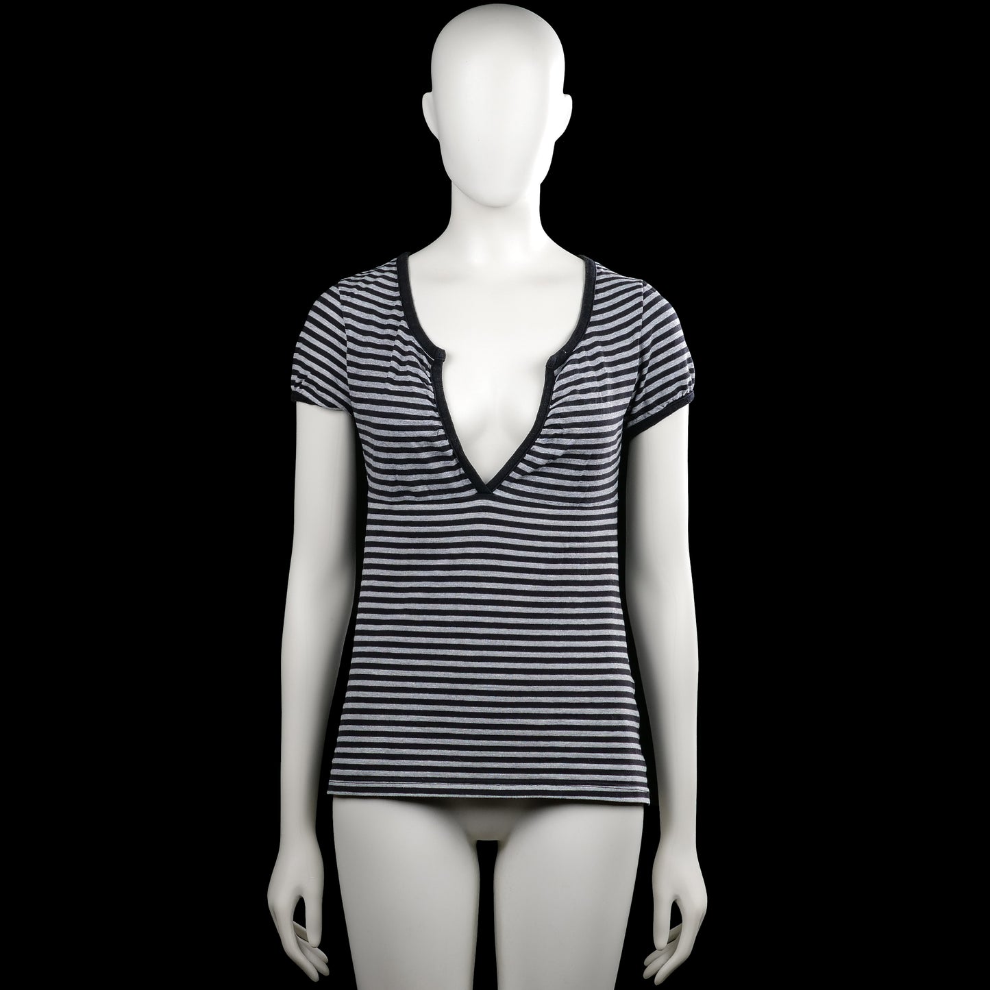 Bijenkorf - T-shirt - Black & Gray - Size M - Black and gray striped top with a deep V-neckline and short sleeves. Features plain sleeve cuffs and a straight hem.