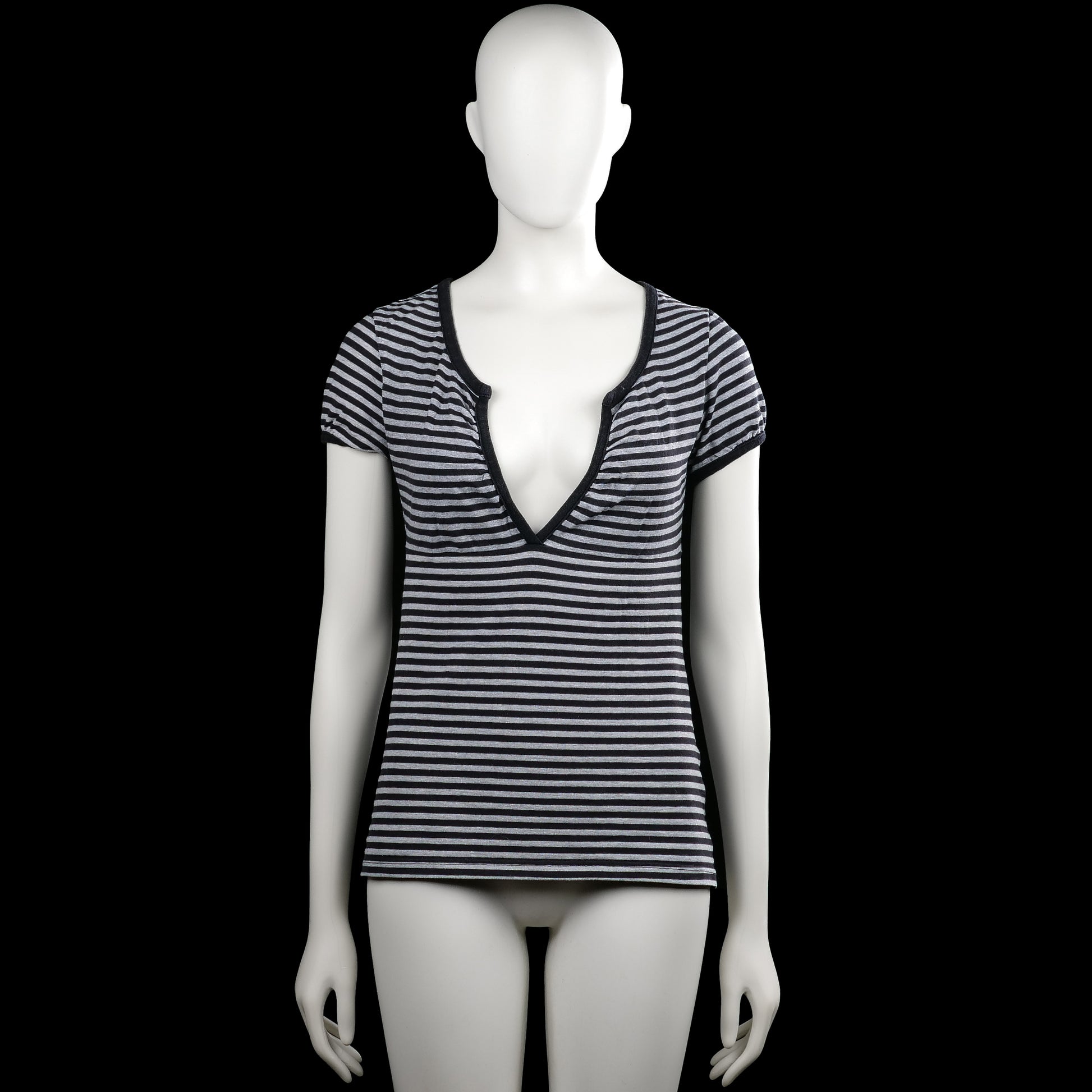 Bijenkorf - T-shirt - Black & Gray - Size M - Black and gray striped top with a deep V-neckline and short sleeves. Features plain sleeve cuffs and a straight hem.