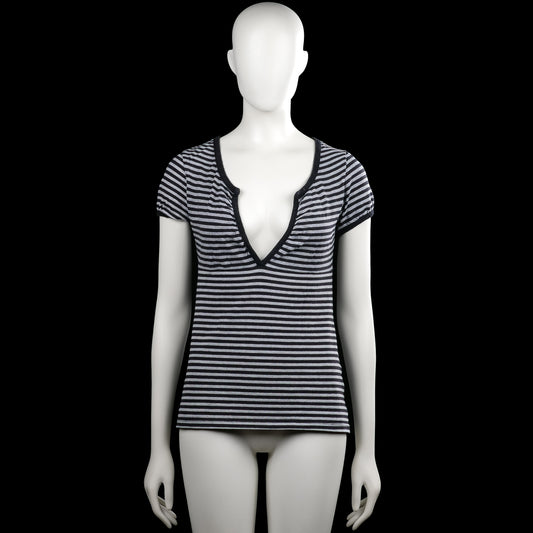 Bijenkorf - T-shirt - Black & Gray - Size M - Black and gray striped top with a deep V-neckline and short sleeves. Features plain sleeve cuffs and a straight hem.