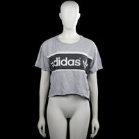 Adidas - T-shirt - Light Gray & Black - Size 32 - Light gray short-sleeve T-shirt with a round neck and straight hem. Black chest panel with white stripes and a large white text graphic on the front.