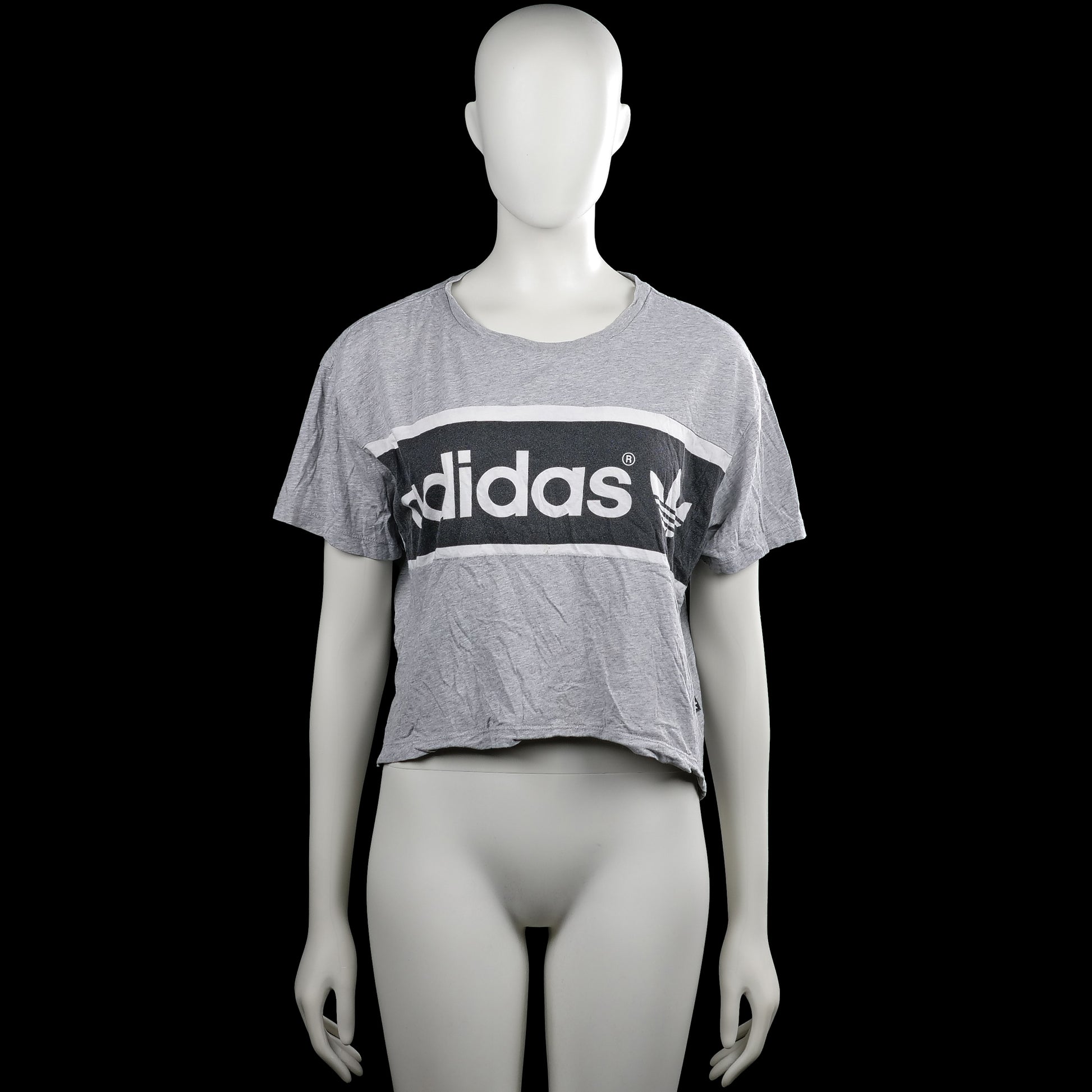 Adidas - T-shirt - Light Gray & Black - Size 32 - Light gray short-sleeve T-shirt with a round neck and straight hem. Black chest panel with white stripes and a large white text graphic on the front.