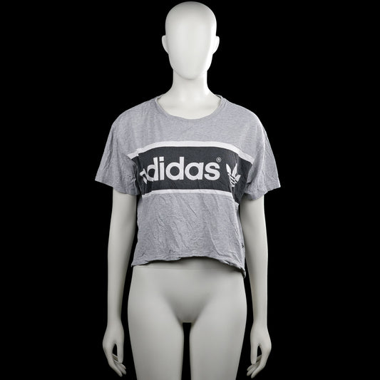 Adidas - T-shirt - Light Gray & Black - Size 32 - Light gray short-sleeve T-shirt with a round neck and straight hem. Black chest panel with white stripes and a large white text graphic on the front.
