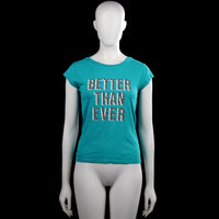 Jill - T-shirt - Turquoise & White - Size 170 - Turquoise short-sleeve T-shirt with a round neckline and straight hem. Features a large white and black text print on the front.