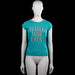 Jill - T-shirt - Turquoise & White - Size 170 - Turquoise short-sleeve T-shirt with a round neckline and straight hem. Features a large white and black text print on the front.