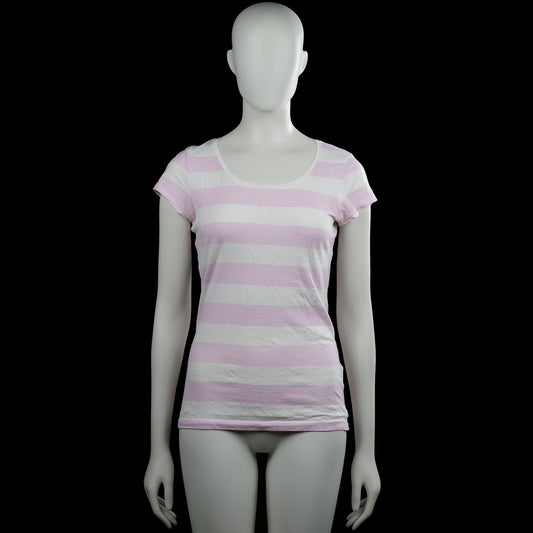 H&m logg - T-shirt - White & Pink - Size M - White and pink horizontally striped top with a scoop neckline and short sleeves. Straight hem with plain cuffs.