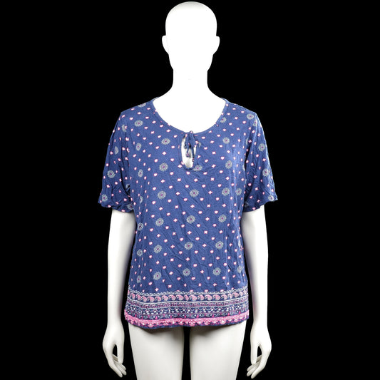 John baner - T-shirt - Navy & Pink - Size 44, 46 - Navy and pink printed top with a scoop neckline and a front keyhole tie. Short sleeves with plain cuffs and a straight hem with a contrasting border print.