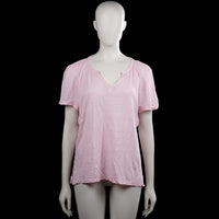 Esprit - T-shirt - Pink - Size XL - Pink solid top with short sleeves and a V-neck featuring a small notch at the center front. Straight hem with side slits.