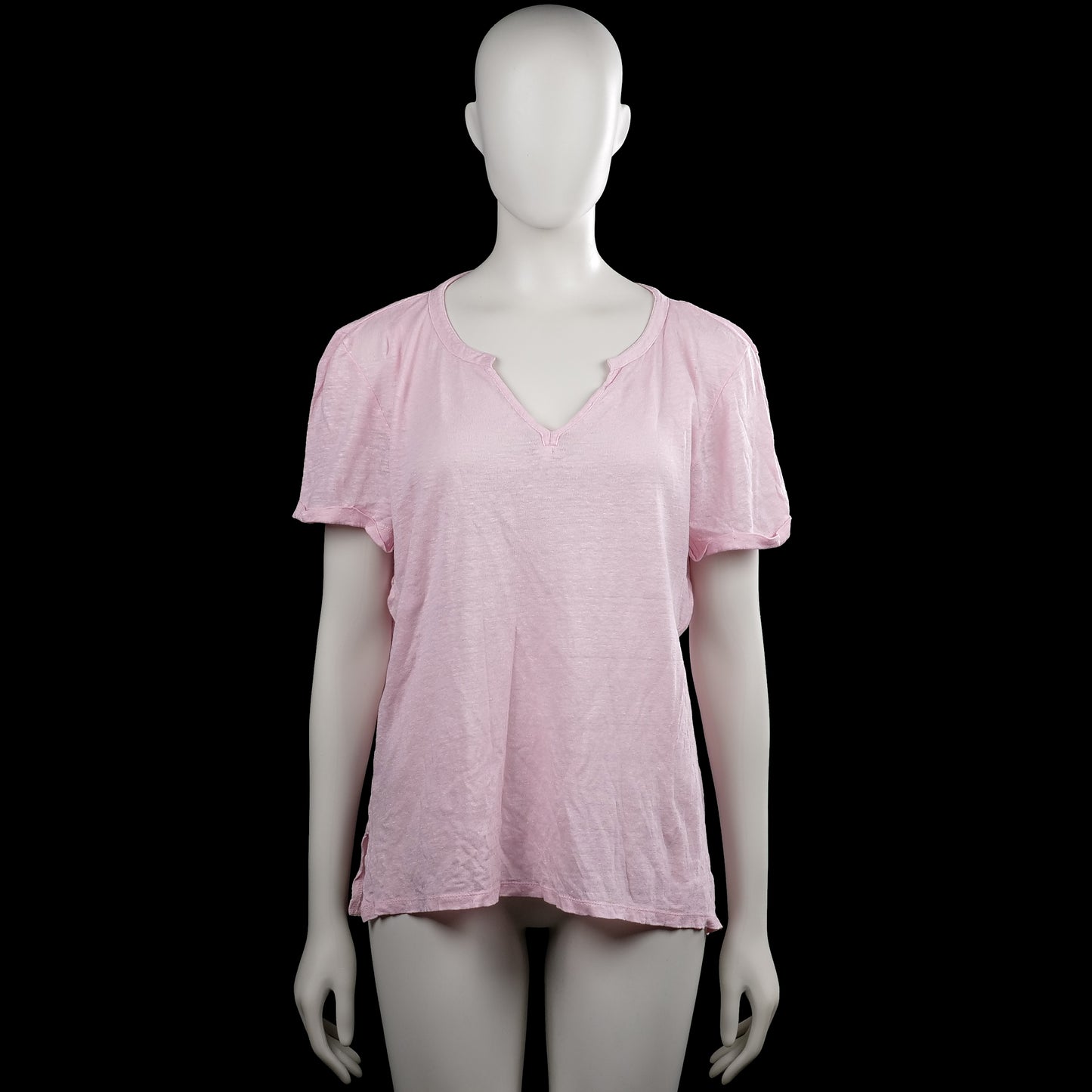 Esprit - T-shirt - Pink - Size XL - Pink solid top with short sleeves and a V-neck featuring a small notch at the center front. Straight hem with side slits.